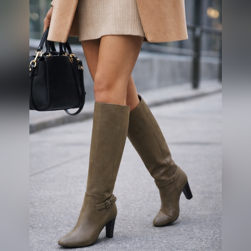 Scholl Korinna Knee-High Boots Heel Tanned Calf Taupe Gray Buckle Leather Sz.41